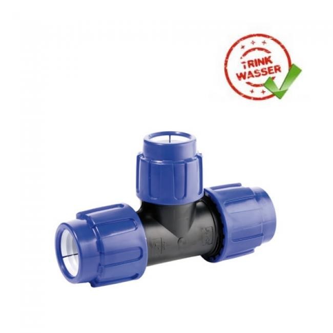 PE Rohr T-Stück 90° reduziert Verschraubung (3 x Klemmvers.) DVGW - Trinkwasser geeignet