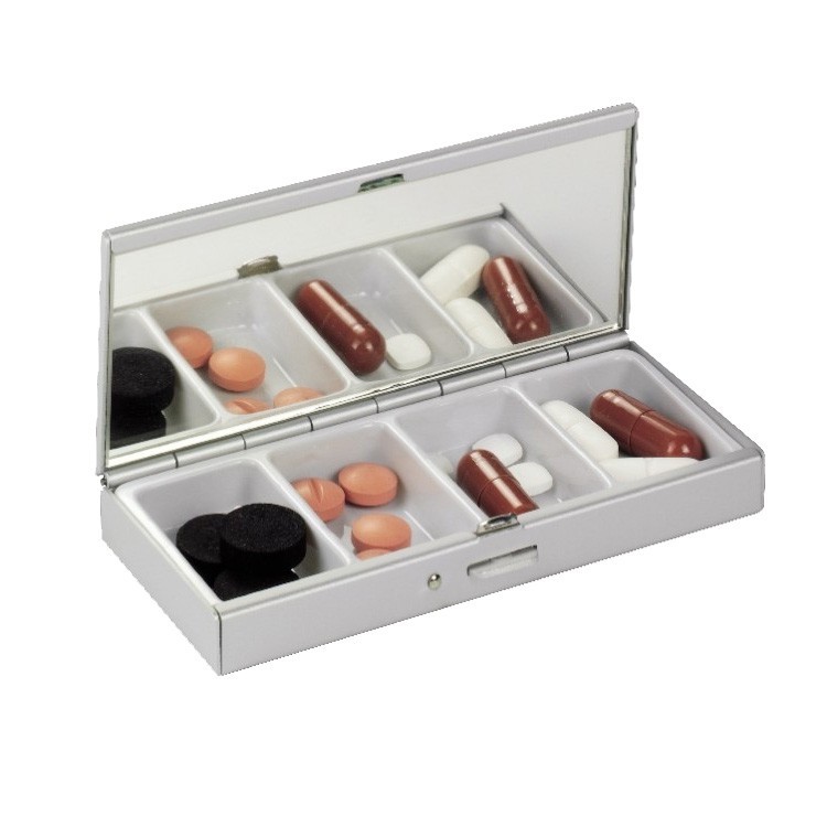 Pillenbox Tablettenbox 4LIFE aus Aluminium - 4 Fächer - mit integriertem Spiegel