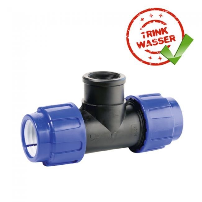 PE Rohr T-Stück 90° Verschraubung (2 x Klemmvers. / 1 x IG) DVGW - Trinkwasser geeignet