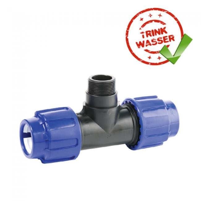 PE Rohr Übergangs-T-Stück 90° Verschraubung mit Au&amp;#946engewinde DVGW - Trinkwasser geeignet